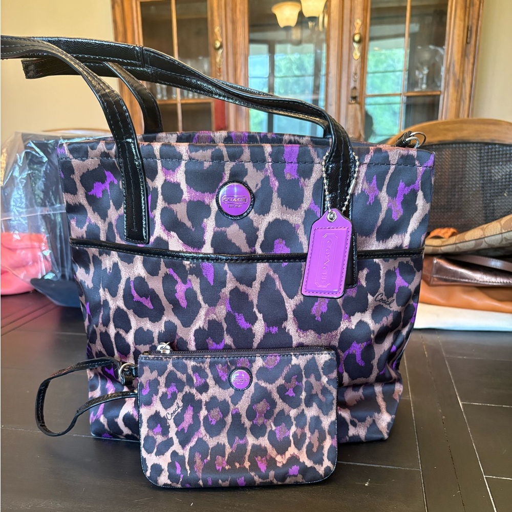 Coach Purple and Black Leopard Print Tote